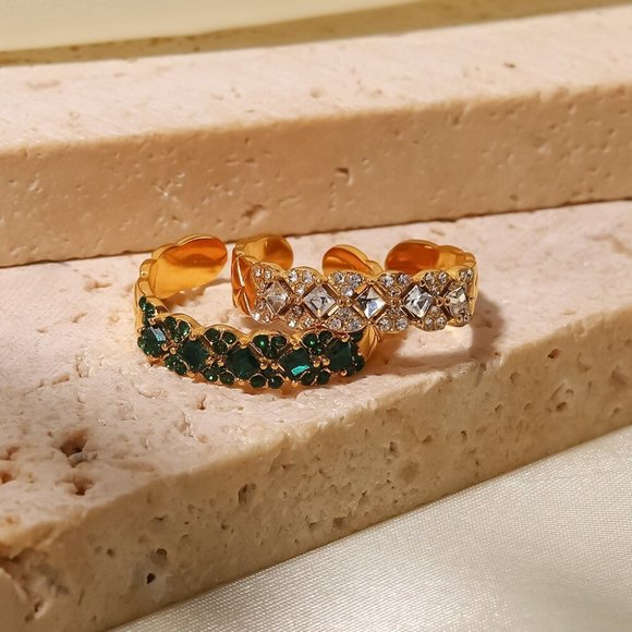 Green Zircon Lattice Texture Flower Ring 18K Gold Adjustable‎ - Picture 5 of 7